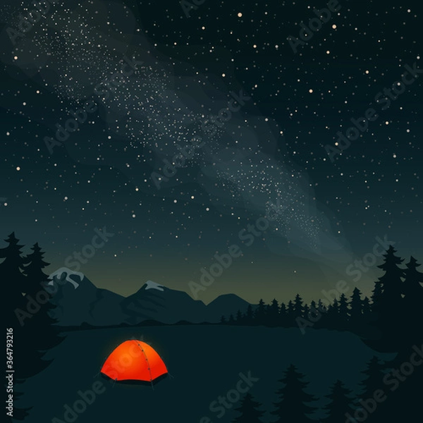 Obraz Pomarańczowy namiot z płonącym światłem w środku stoi na polanie pod rozgwieżdżonym niebem. Piękne rozgwieżdżone niebo i Droga Mleczna. Koncepcja turystyki na świeżym powietrzu w górach. Ilustracja kreskówka wektor