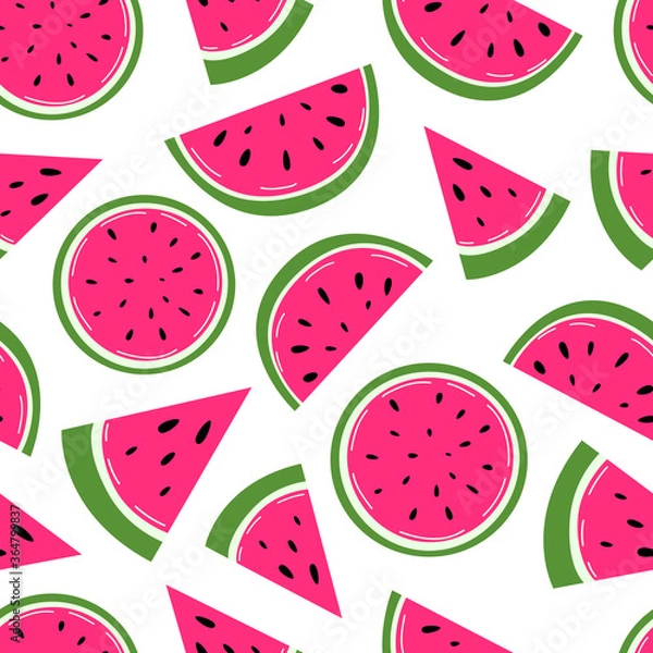 Fototapeta Watermelon vector seamless pattern. Fresh fruit slices. Flat design.  Ideal for wrapping paper, textile, wallpaper.  Vector illustration isolated on white background.