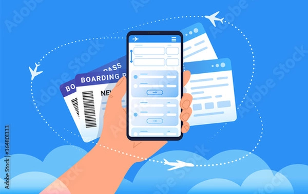 Fototapeta Boarding pass mobile add for online check-in and airplanes flying around in clouds. Concept vector illustration of human hand holds a smartphone with two mobile boarding passes on blue background