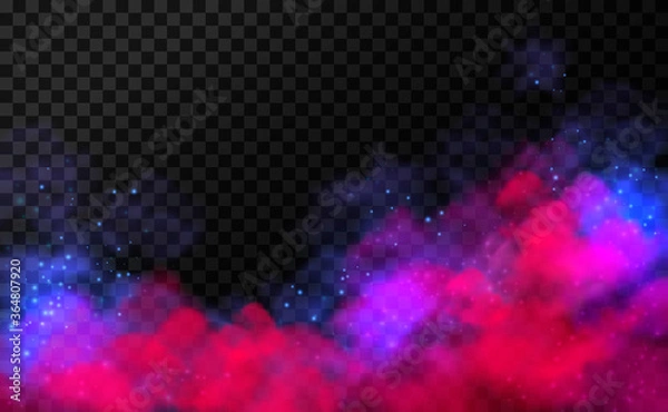 Fototapeta Magical effect of sparkling smoke. Neon thick fog on transparent background. Galaxy, space