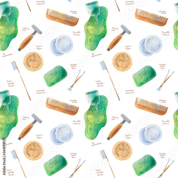 Obraz Seamless pattern elements zero waste with the name.  Organic Logan, reusable makeup, homemade cosmetics, wooden comb, tooth bamboo brush, for menstruation 