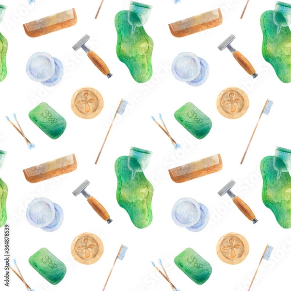 Obraz Seamless pattern elements zero waste Organic Logan, reusable makeup, homemade cosmetics, wooden comb, tooth bamboo brush, for menstruation 