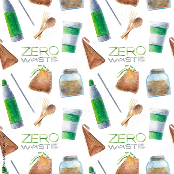 Obraz Seamless pattern elements zero waste with the name.  Reusable cup snack bag, metallized bottle, bamboo travel kit, cotton sacks