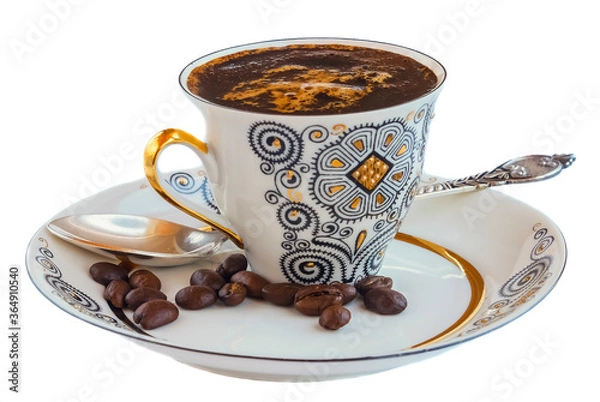Obraz coffee Cup with coffee beans on saucer isolated background
