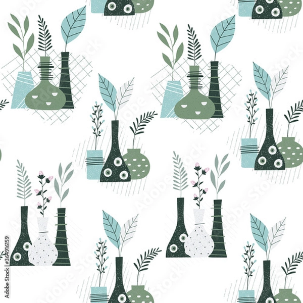Fototapeta Seamless botany pattern. Abstract art print. Neutral modern graphics, simple shapes & foliage. Hand drawn illustration.
