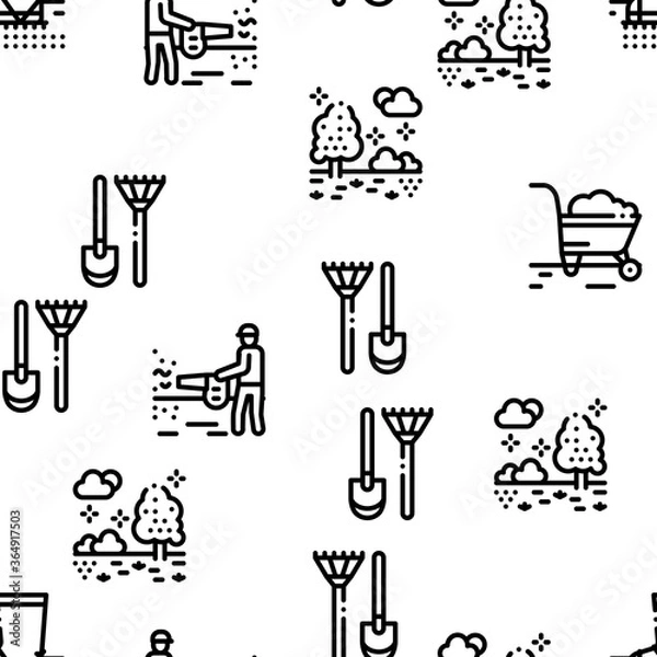 Fototapeta Gardener Worker Instrument Seamless Pattern Vector Thin Line. Illustrations