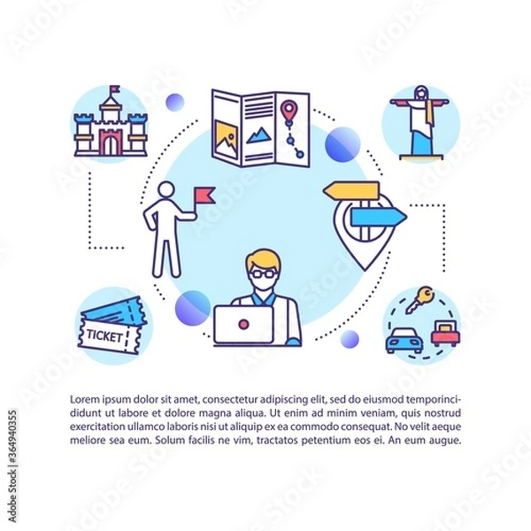 Fototapeta Local tourism bureau concept icon with text. Guided tours and car rental. City tourist maps. PPT page vector template. Brochure, magazine, booklet design element with linear illustrations
