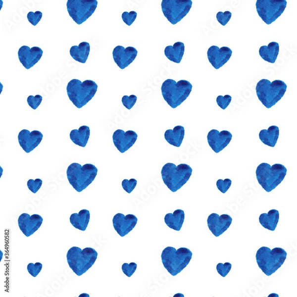 Fototapeta blue watercolor hearts pattern seamless white background colorful romantic texture valentine`s day hand drawn illustration love isolated sample element for label poster packing postcard