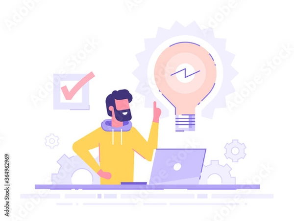 Fototapeta Handsome businessman working on his laptop holding up his index finger and creating a new idea.  Shiny light bulb. Business idea concept. Modern vector illustration.
