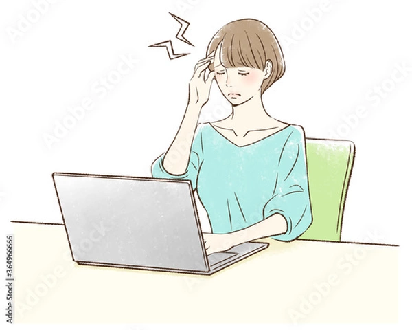 Obraz パソコンの前で頭痛に悩む女性