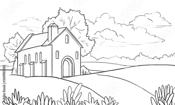 Obraz Vector house in the valley - coloring page