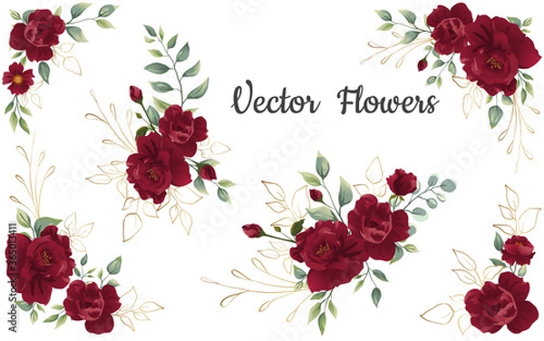 Fototapeta Set of Flower red rose, green leaves. Floral poster, invite. Vector arrangements for greeting card or invitation design background