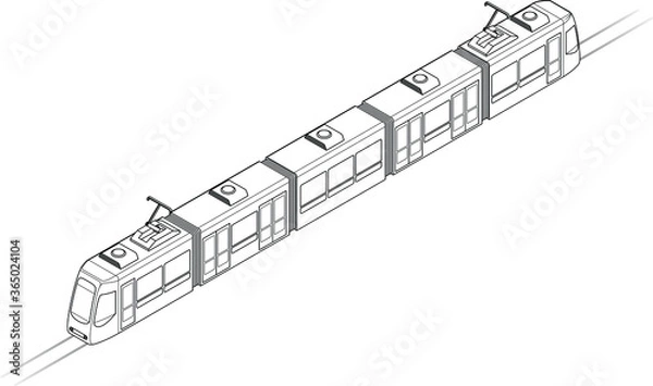 Fototapeta Line drawing of a tram or light rail public transport vehicle. Five-car. Line art.