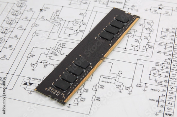 Fototapeta memory module DIMM type DDR4 on paper electronics drawings