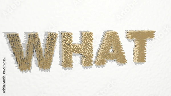 Fototapeta WHAT word written by question marks on the wall. 3D illustration of metallic sculpture over a white background with mild texture. concept and business