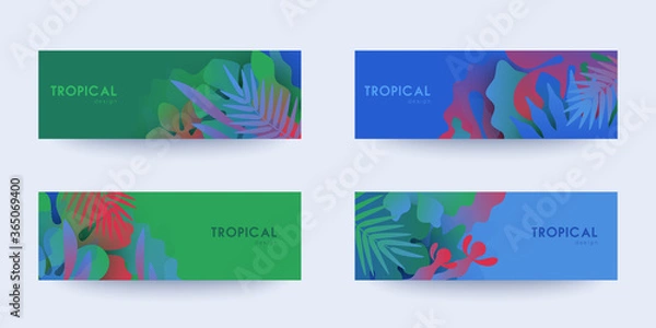 Fototapeta Tropical theme banners set. Colorful compositions of palm leaves and halftone patterns. Geometric design templates with place for text. Social media promotion. Flat style vector illustration