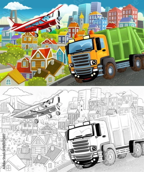 Fototapeta cartoon scene in the city flying plane and car illustration