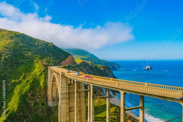 Fototapeta Pigeon Point Lighthouse, Landmark of Pacific Coast Highway (Highway 1) at Big Sur, surrounded with colorful wildflowers in spring time, California