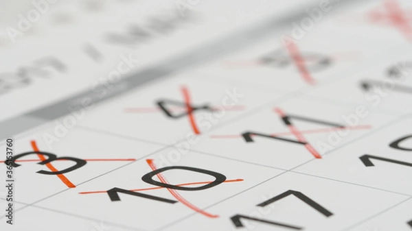 Fototapeta Przekreślenie (czerwony znacznik) liczb w kalendarzu - Makro