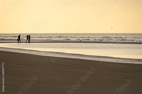 Obraz Three people stroll on the beach in the late afternoon.