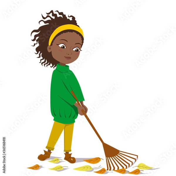 Fototapeta The girl removes autumn leaves with a brown rake. Cute dark-skinned girl in a green sweater. Autumn greetings of the season. Vector illustration on an isolated white background. Stock image.