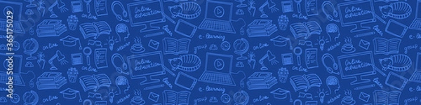 Obraz Edukacja online ręcznie rysowane bezszwowe baner internetowy. Gryzmoły e-learningowe na niebieskim tle. Ilustracji wektorowych.