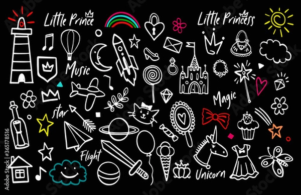 Fototapeta Princess and prince chalk doodle sketch set. Collection of hand drawn outline symbols. Cute magic crown, star, .unicorn, sword for little baby girl and baby boy. Design kit on black board background