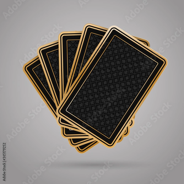 Fototapeta Five closed poker playing cards on grey background. Black and golden back side design