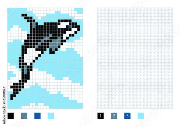 Obraz Pixel killer whale cartoon in the coloring page with numbered squares, vector illustration