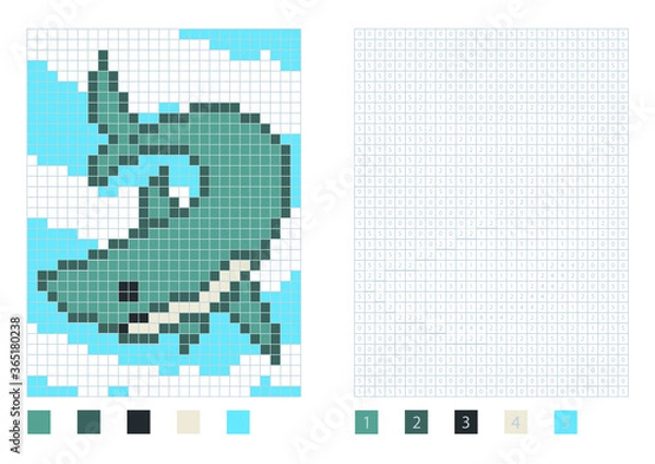Fototapeta Pixel shark cartoon in the coloring page with numbered squares, vector illustration