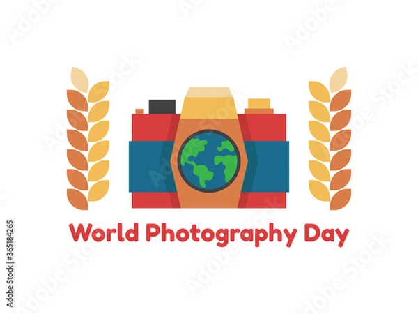 Fototapeta Camera with world map to celebrate World Photography Day in flat design illustration.