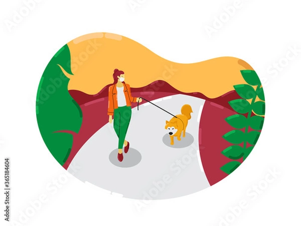Fototapeta Young woman wearing face mask with her dog walking outside enjoying free time alone. illustration of new normal lifestyle.