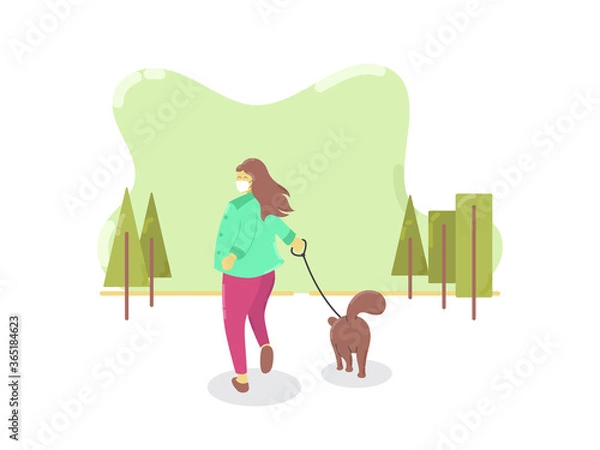 Fototapeta Young woman wearing face mask with her dog walking outside enjoying free time alone. illustration of new normal lifestyle.