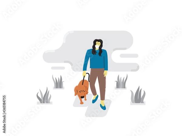 Fototapeta Young woman wearing face mask with her dog walking outside enjoying free time alone. illustration of new normal lifestyle.