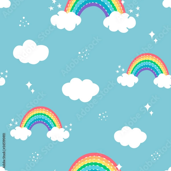 Fototapeta rainbow clouds seamless pattern on the blue background, white clouds and stars