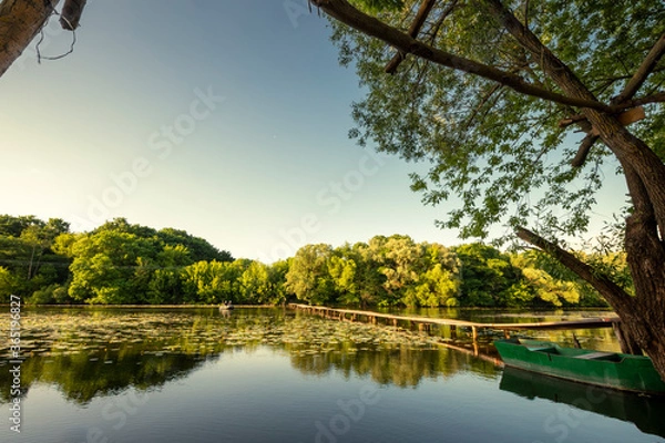 Obraz summer landscape with river, trees, bridge and boat