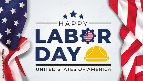 Fototapeta USA Labor Day greeting card with brush wood background in United States national flag colors and hand lettering text Happy Labor Day. Vector illustration.