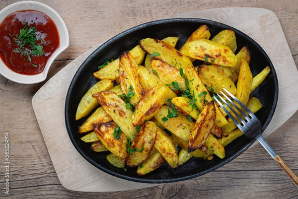 Fototapeta Fried potatoes in a rural style, with spices and ketchup. On rustic pan, on a wooden table