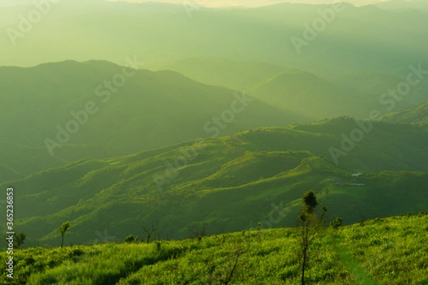 Obraz Sunset and mountains interspersed with green grass