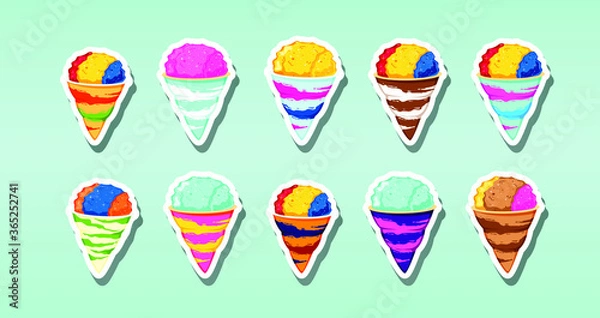 Fototapeta Set of snow cones (shaved ice) with different flavors. Vector illustration.