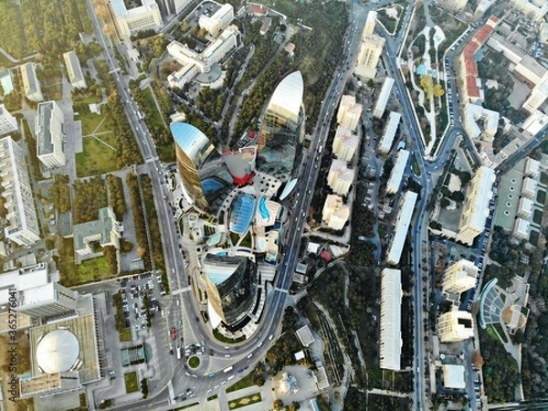Obraz Amazing aerial view from above by drone on capital of Azerbaijan - Baku. Flame Towers