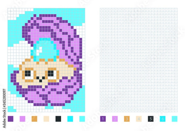 Obraz Pixel oyster cartoon in the coloring page with numbered squares, vector illustration