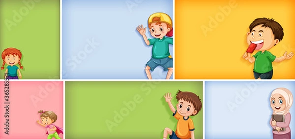 Fototapeta Set of different kid characters on different color background