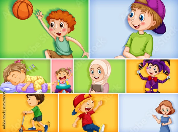 Fototapeta Set of different kid characters on different color background