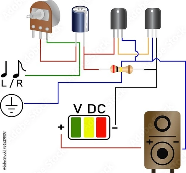 Fototapeta Illustration of transistor power amplifier.  Transistor,Capacitor,Variable Resistor,Resistor,Speaker
