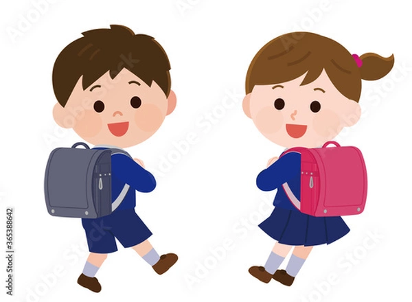 Fototapeta ランドセルを背負って嬉しそうな小学生低学年男女　制服　イラスト