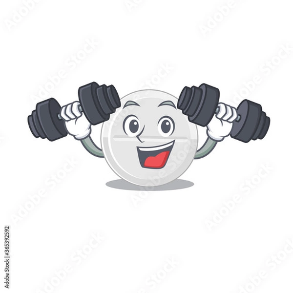 Obraz Muscular tablet drug mascot design with barbells during exercise