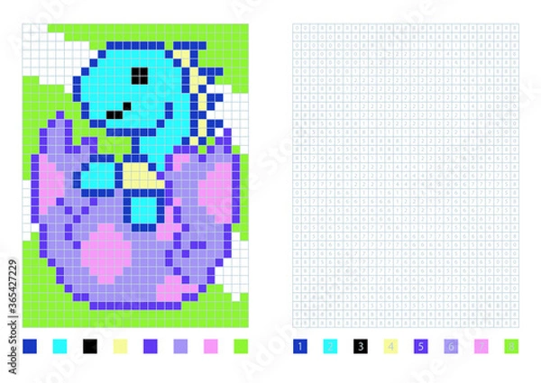 Fototapeta Pixel dinosaur in the eggshell cartoon in the coloring page with numbered squares. Triceratops, vector illustration