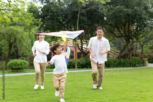 Fototapeta Happy family  flying kite in the park