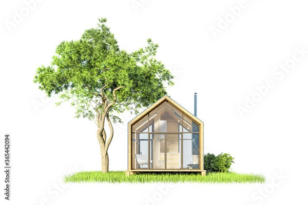 Fototapeta Modern small wooden house in the Scandinavian style barnhouse, with a metal roof and large Windows on an island of greenery with trees. On a white background, isolated, 3D illustration